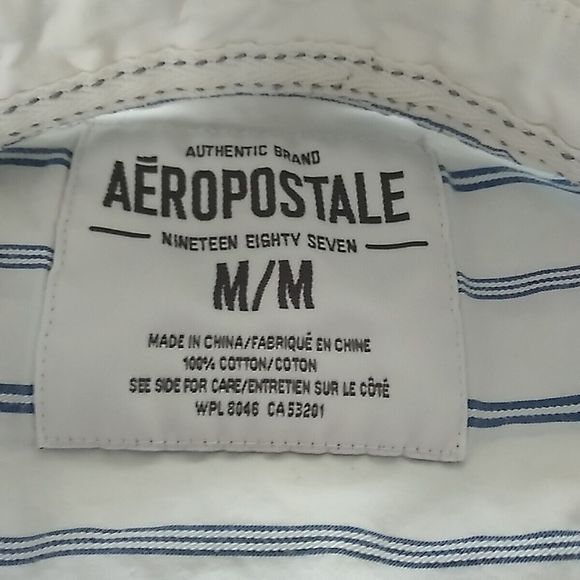 Aeropostale A87 Medium Men's White Striped Button Up Long Sleeve Shirt Cotton - Picture 6 of 8
